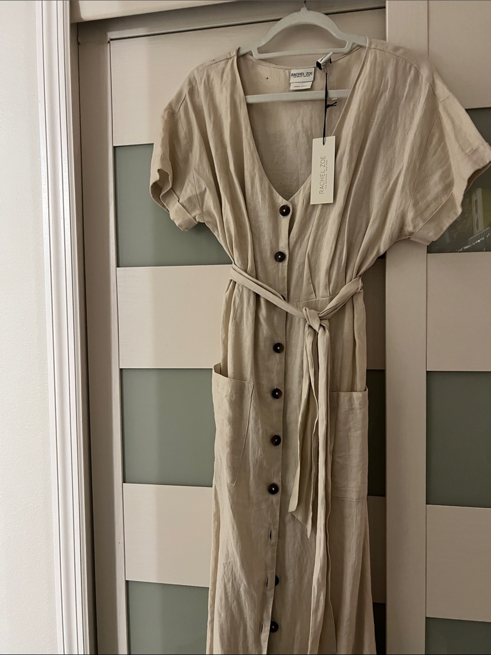 Rachel Zoe Neutral Beige Linen Button-Front Maxi Dress with Tie Waist
